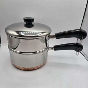 Vintage Revere Ware Stainless Steel Copper Bottom 2 Quart Double Boiler with Lid